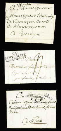 St Hypolite sur le Doubs : 3 MP : "24 St Hypolite sur le Doubs" (47 x 15mm - 1817 - ind 10) et "P 24 P St Hypolite sur le Doubs" (47 x 15mm - ind 16 frappe faible) et "24 S. Hypolite" (35 x 7 mm - an 2 - ind 12)