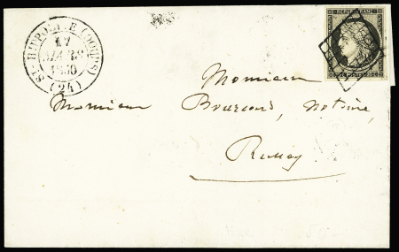 N°3 OBL grille + T14 "St Hypolite (Doubs) (1850) sur lettre, ind 18. TB