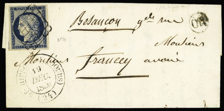 N°4 OBL grille + T14 "St Hypolite (Doubs)" (1850) sur lettre avec "OR" de Vaufrey, ind 16. TB