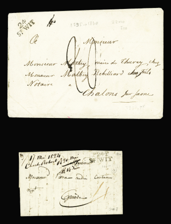 Saint Wit - 2 lettres : MP "24 St Wit" (22 x 10mm - SD) et "P 24 P St Wit" (23 x 10mm - 1824), ind 10 et ind 17. TB