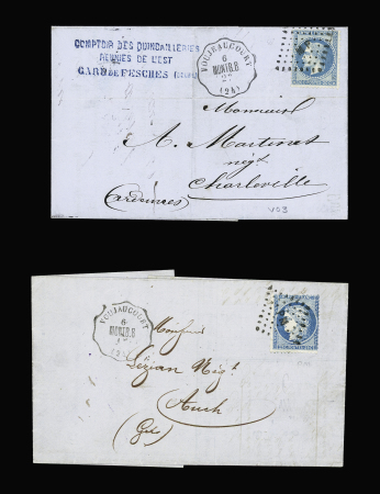 Voujeaucourt : 2 lettres AFF n°29 OBL losange de points "MP" et n°60 OBL losnge de points "PM" + CAD convoyeur station "Voujeaucourt MONTB.B" (1869 et 1872), ind 13 chaque. TB