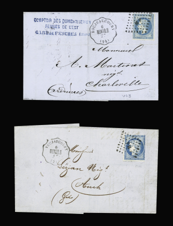 Voujeaucourt - 2 lettres AFF n°29 OBL losange de points "MP" et n°60 OBL losnge de points "PM" + CAD convoyeur station "Voujeaucourt MONTB.B" (1869 et 1872), ind 13 chaque. TB
