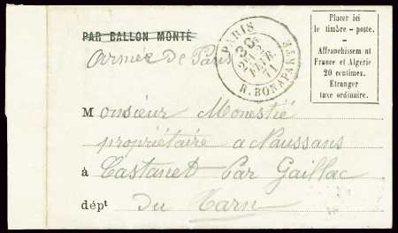 Formule "Par ballon monté" (barré) datée de Paris