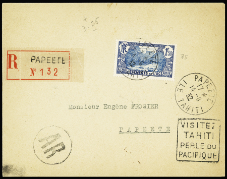 Océanie n°75 OBL Papeete (1932) sur lettre recommandée locale + Daguin "Visitez Tahiti" et "AR" dans un cercle. TB