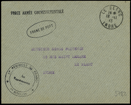 LF avec CAD "Le Blanc Indre" (1943) + cachet ovale noir "franc de port" + griffe noire "Force armée gouvernementale" + cachet "1er régiment de France 1er bataillon - le vaguemestre". TB
