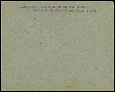 LF avec CAD "Le Blanc Indre" (1943) + cachet ovale noir "franc de port" + griffe noire "Force armée gouvernementale" + cachet "1er régiment de France 1er bataillon - le vaguemestre". TB