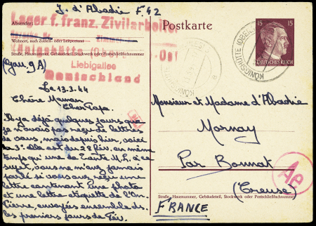 Entier carte postale 15 PF Hitler OBL Konigshutte (1943) écrite par un travailleur français avec griffe rouge "Lager F. Franz. Zivilarbeiterpost". TB