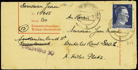 Allemagne n°717 OBL Weimar-Buchenwald (juillet 1944) sur formulaire avec impression rouge écrit par un déporté français à son frère aux Sudètes avec griffe violette "Postprufer". TB