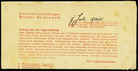 Allemagne n°717 OBL Weimar-Buchenwald (juillet 1944) sur formulaire avec impression rouge écrit par un déporté français à son frère aux Sudètes avec griffe violette "Postprufer". TB