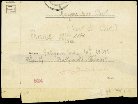 Carte-lettre Feldpost d'un déporté français AFF Allemagne n°717 OBL Weimar-Buchenwald (1944) avec griffe noire "Postprufer 10". TB