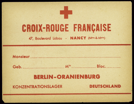 Etiquette neuve impression rouge "Croix-Rouge française Nancy" avec adresse imprimée "Berlin Oranienburg Konzentrationslager Deutschland". TB