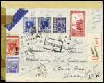 Algérie n°140A + 125 + 166 + 168 en bande de 3 OBL Alger (1941) sur lettre pour la Guadeloupe interceptée par la censure anglaise et saisie, avec CAD d'Hamilton Bermudes (3.2.50) et CAD Saint-Claude Guadeloupe (1 mars