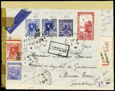 Algérie n°140A + 125 + 166 + 168 en bande de 3 OBL Alger (1941) sur lettre pour la Guadeloupe interceptée par la censure anglaise et saisie, avec CAD d'Hamilton Bermudes (3.2.50) et CAD Saint-Claude Guadeloupe (1 mars