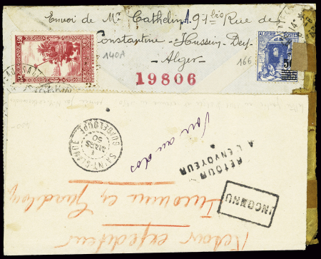 Algérie n°140A + 125 + 166 + 168 en bande de 3 OBL Alger (1941) sur lettre pour la Guadeloupe interceptée par la censure anglaise et saisie, avec CAD d'Hamilton Bermudes (3.2.50) et CAD Saint-Claude Guadeloupe (1 mars
