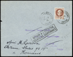 N°517 OBL St Jean en Royans Drome (21.9.43) sur lettre pour Ajaccio avec griffe noire encadrée "retour à l'envoyeur relations suspendues". TB
