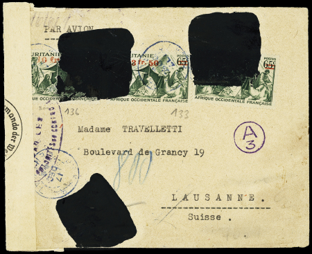 Mauritanie n°133, 2 pièces + 136 OBL Dakar (1943) + Daguin "un seul but pour la vistoire" maculé par la censure allemande sur lettre pour Lausanne avec censure allemande. TB