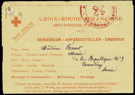 Message Croix-Rouge de Chambéry pour Madagascar avec censure égyptienne. TB