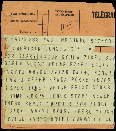 Télégramme codé de Washington signé Cordell Hull pour le Maroc avec CAD de Casablanca (20.1.42) (préparatifs du débarquement US en AFN). TB