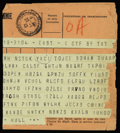 Télégramme codé de Washington signé Cordell Hull pour le Maroc avec CAD de Casablanca (20.1.42) (préparatifs du débarquement US en AFN). TB