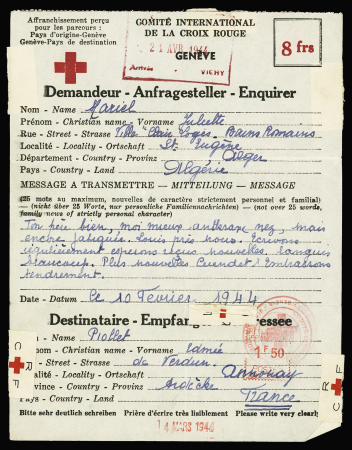 Télégramme 8Frs d'Alger pour Annonay (10.2.44). TB
