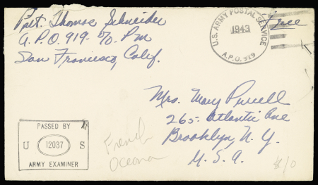 Lettre en franchise avec CAD avec killer "US army postal service APO 919 (1943 - troupes US à Bora-Bora Océanie). TB