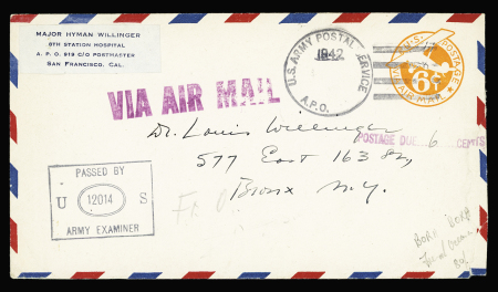 Env. entier postal 6c orange avion USA OBL grand CAD avec killer "US army postal service APO" (1942) (troupes US à Bora-Bora Océanie). TB