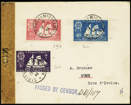 Saint-Pierre et Miquelon n°297 + 300 + 302 OBL CAD tireté "St Pierre et Miquelon" (16.2.44) sur lettre non philatélique censurée pour Oume (Cote d'Ivoire). TB