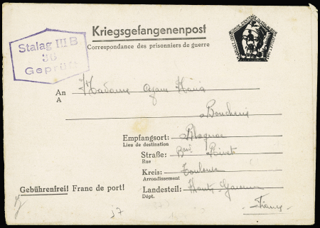 Formule Kriegsgefangenenpost avec figurine hexagonale noire "Comité d'Entraide du Stalag IIIB" ( GUE J7). TB. Coe 250€