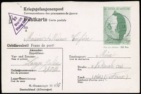Entier poskarte avec figurine verte "Au service du Maréchal - prix du timbre 20 FRS" OBL (GUE J10). TB