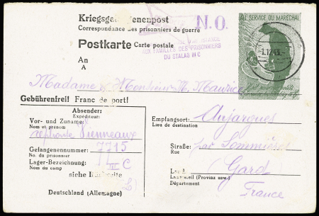 Entier postkarte avec figurine vert-gris "au service du Maréchal" OBL (1943) (GUE J12). TB