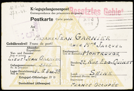Entier postkarte de l'Oflag IV D avec figurine triangulaire en jaune d'or (GUE K15). TB