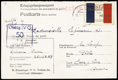 Postkarte avec vignette drapeau tricolore "éditée par le mouvement Pétain - français avec Pétain" OBL (1943). TB