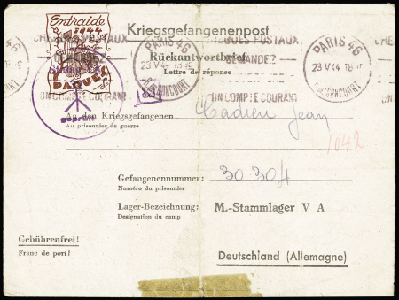 Entier formule avec figurine brune "entraide Pâques 1944" du Stalag VA, (GUE J15), pli central sinon TB