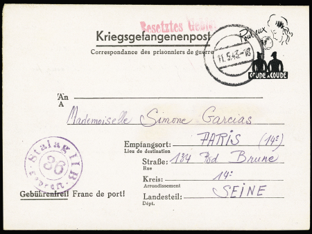 Entier formule avec figurine noire "pour eux coude à coude" (1943) du Stalag II B (GUE J1). TB