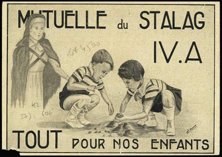 Entier carte postale (petit défaut d'angle) illustrée "Mutuelle du stalag IV A tout pour nos enfants" (GUE K2) OBL (1944)