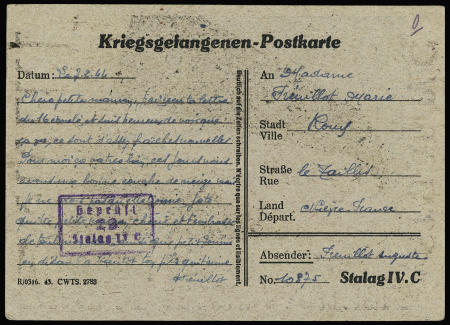 Entier carte postale illustrée "Caisse de secours mutuels du stalag IVC - Pour qu'ils vivent" (GUE K 4) OBL (1944). TB