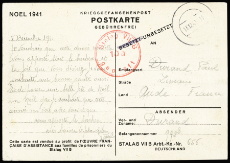 Entier carte postale avec illustration sepia du stalag VII B Noël 1941 (GUE K 8) OBL (1943). TB