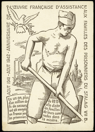 Entier carte postale avec illustration brune "anniversaire de l'œuvre d'assistance aux familles des prisonniers du stalag VII B (GUE K 9) OBL (1942). TB