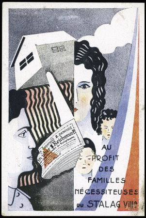 Entier carte postale avec illustration en couleurs "au profit des familles nécessiteuses du stalag VIIIA" (GUE K 11). TB