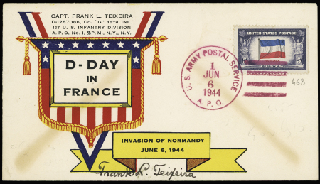 USA n°468 OBL grand CAD rouge avec killer "US army postal service A.P.O" (6.6.1944) sur env illustrée "D. day in France-invasion of Normandy". TB