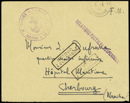 LF de Clairac (5.8.44) pour Cherbourg avec griffe violette "relations postales suspendues". TB