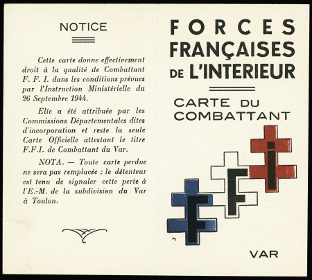 Carte de combattant des FFI du Var. TB
