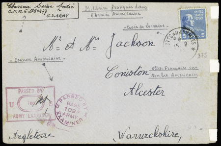USA n°375 OBL CAD "poste aux armées" (15.9.44) avec petite croix de Lorraine à la place de la levée sur lettre d'un soldat de la 2ème DB (BPM 6) pour la Grande Bretagne avec censure US. Rare et TB