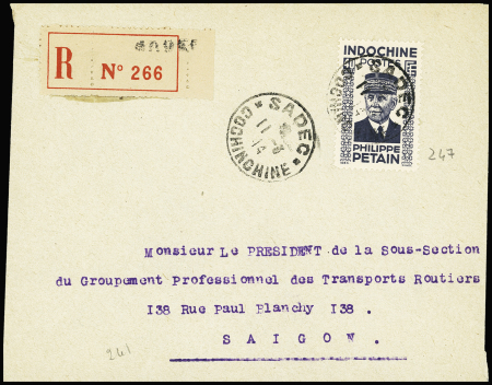 Indochine n°247, 40c Pétain OBL "Sadec Cochinchine" (1944) sur lettre recommandée locale. TB