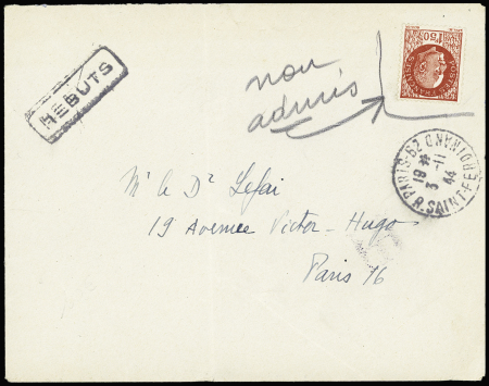 N°517, collé à l'envers, non OBL sur lettre avec mention manuscrite "non admis", avec CAD "Paris 62 R. St Ferdinand" (3.11.44) et griffe encadrée "Rebuts". TB