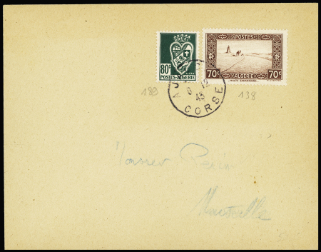 Algérie n°138 + 189 OBL CAD "Ajaccio Corse" (6.12.43 - 1er jour d'utilisation en Corse) sur lettre. TB