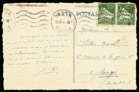 Algérie n°48 en paire OBL mec "Bastia Corse" (13.5.44) sur carte postale pour Bougie. TB