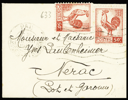 France n°633, 50c Coq, 2 pièces, OBL Pau (28.12.44) sur une petite lettre pour Nérac. TB