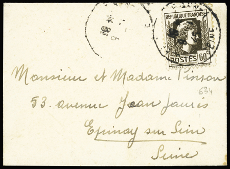 France n°634 OBL 9.1.45 sur une petite enveloppe ayant contenu une carte de vœux. TB