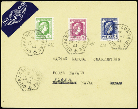 France n°636 + 635 + 639 Marianne d'Alger OBL hex "cuirassé Lorraine" (25.7.44 - usage précoce) sur lettre pour Alger naval avec CAD d'arrivée "poste navale" (28.7.44). TB